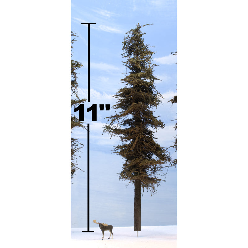 One 11 inch Standard Fir Tree on a white foam board with a HO scale Preiser moose by Roger Rasmussen Coastman's Scenic Products
