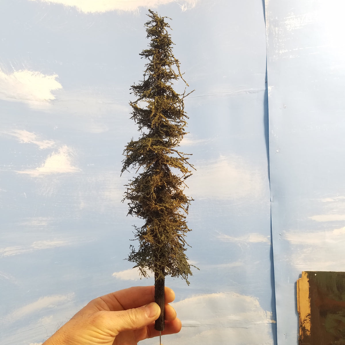 Hand holding a model of a tall evergreen Coastman's 11 inch tall fir tree against a blue sky with white clouds.