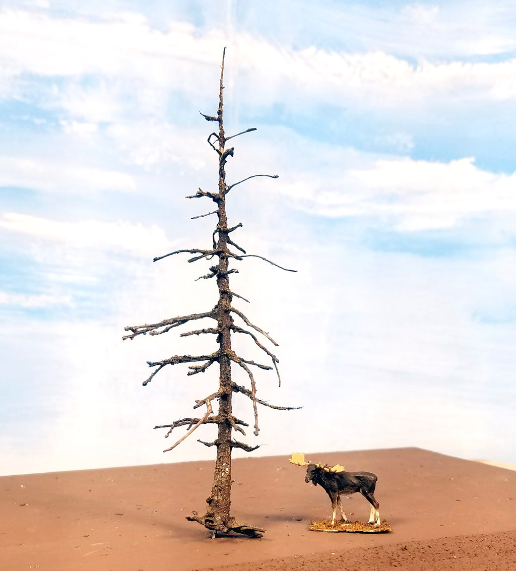 A 5 inch snag example model tree with Vanna the HO scale Preiser Moose standing alongside for reference. By CSP.