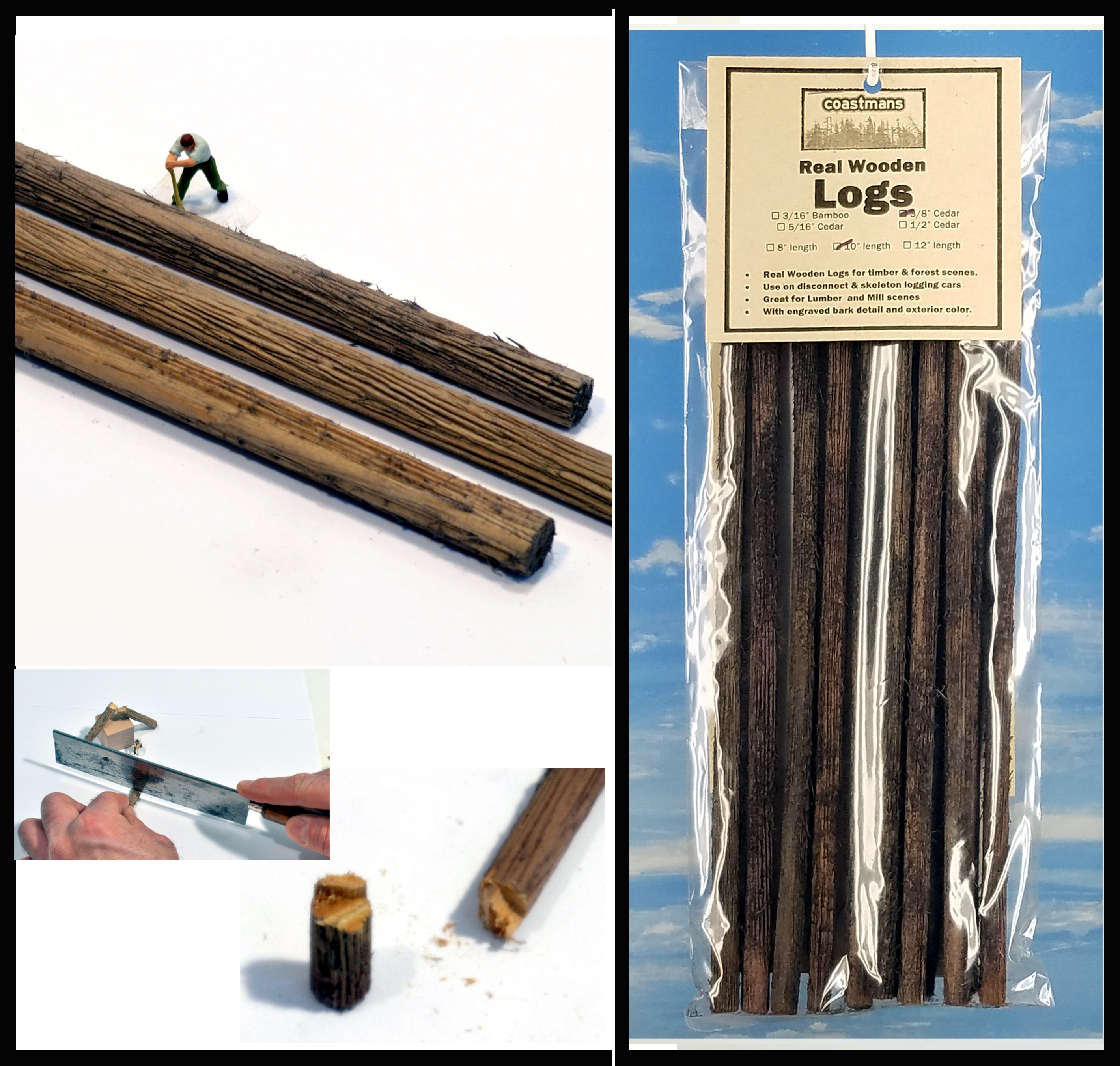 Logs, 3/8" x 10" white cedar material, one dozen