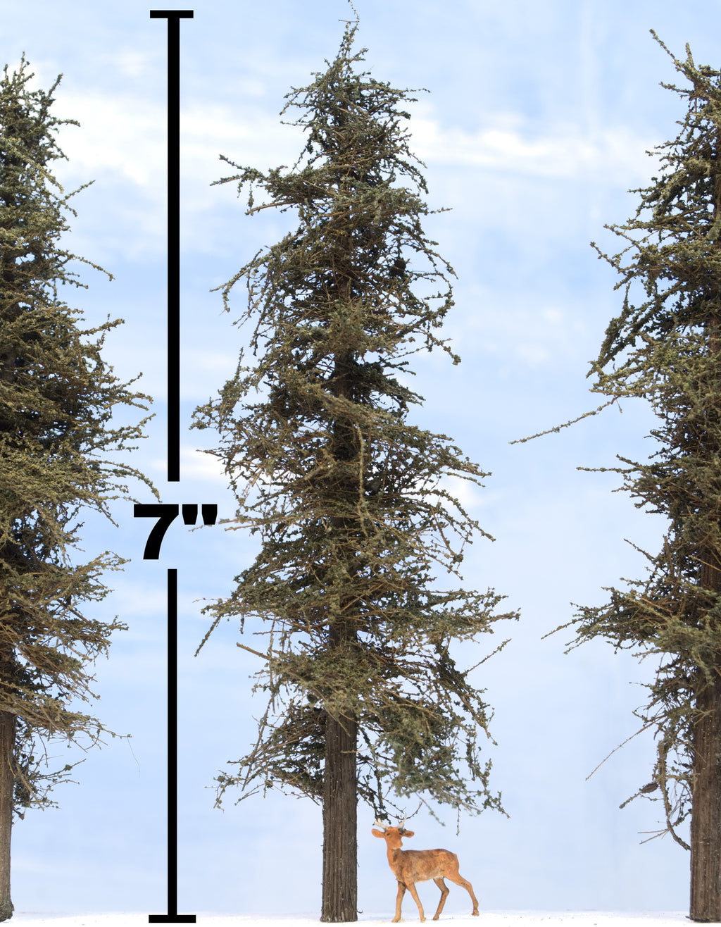 7-inch tall Standard Fir Tree, Measured, with deer HO scale adjacent with exclusive Green Branches Foliage and Port Orford Cedar tapered trunk. Made by Roger Rasmussen, Coastman's Scenic Products, Port Orford, Oregon.