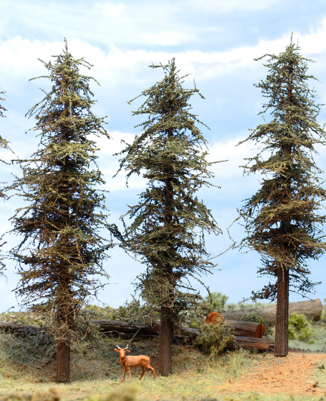 Sample of three adjacent 7 inch Standard Fir Trees made by Roger Rasmussen of Coastman's Scenic Products