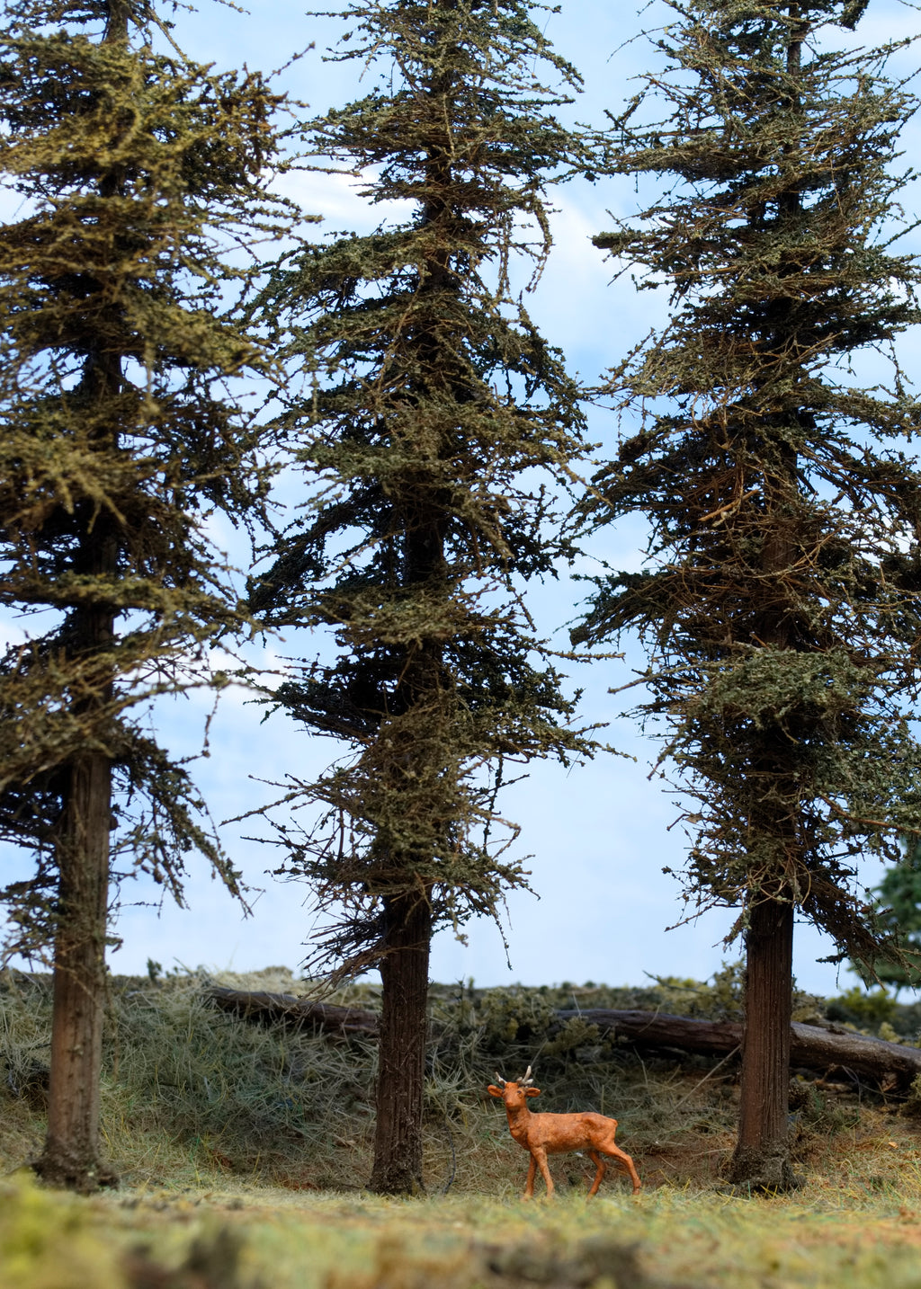 Three Coastman's Standard Model Fir Trees on a diorama base with Preiser HO scale deer alongside showing unique foliage material.