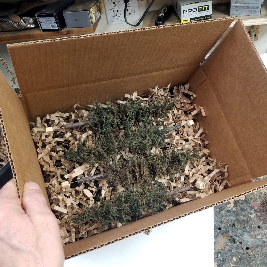 Four Coastman's 9 inch tall Standard Model Fir Trees lying in a box with shipping materials getting ready to be shipped.