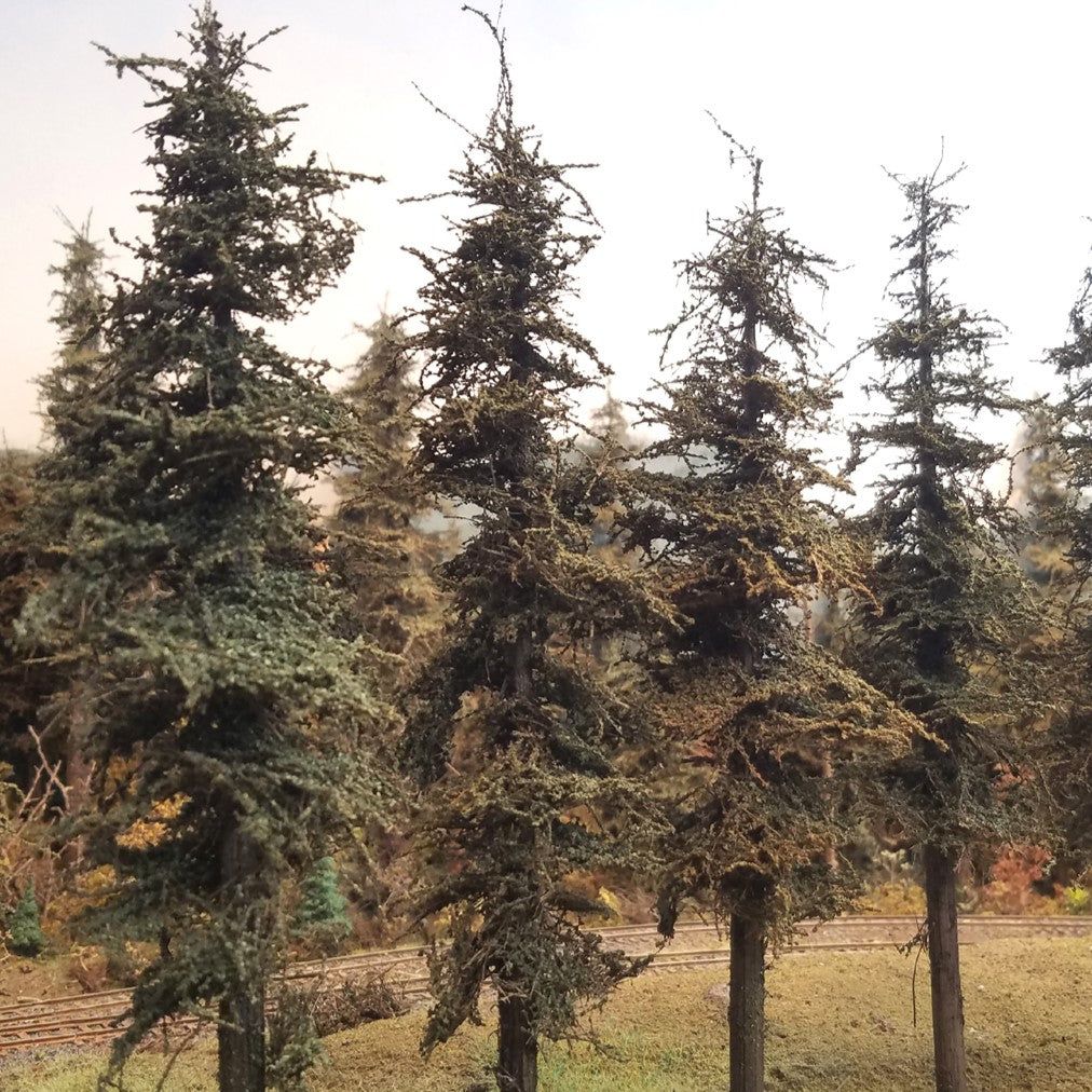 Four Standard 9" model fir trees by Coastmans on layout showing exclusive green foliage material