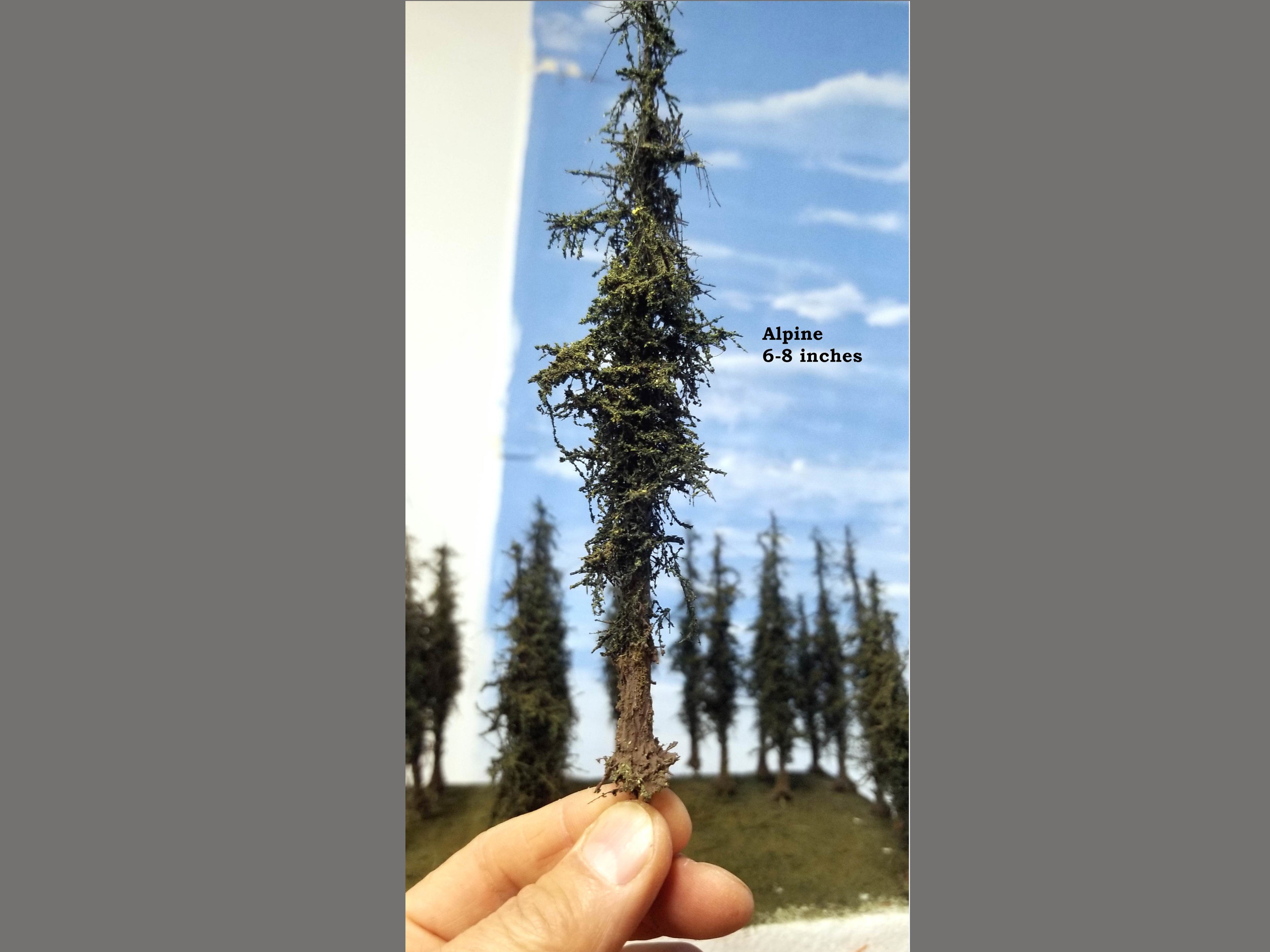 Hand holding a small model 'Alpine 6-8 Inches' with a background of same trees for model railway model train model railroad HO scale N scale