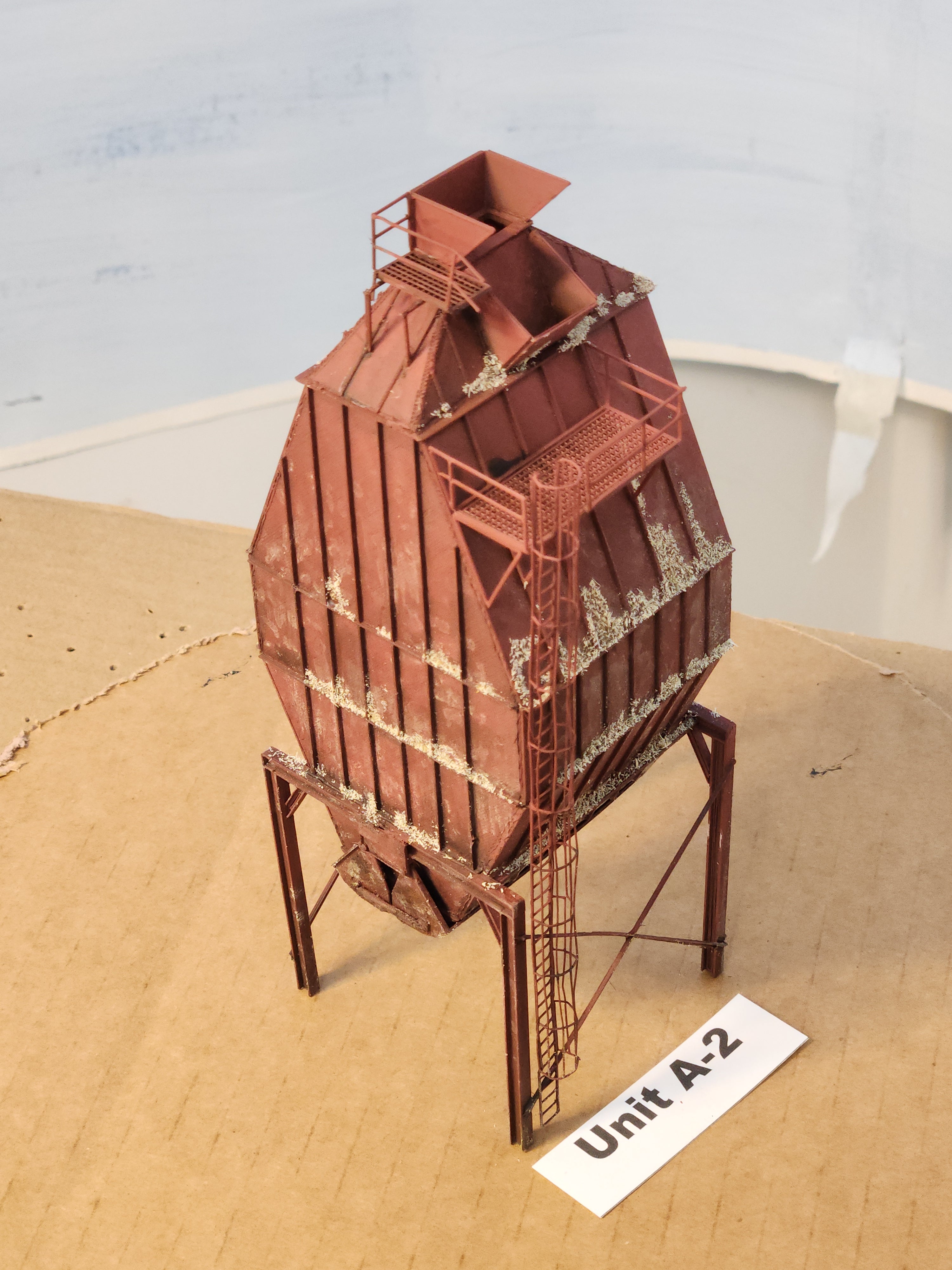 1:87 scale model wood chip storage bin conveyor side, aerial view 2, Unit A-2, model building by Roger Rasmussen, Coastman's Scenic Products, CSP LLC Port Orford, Oregon USA