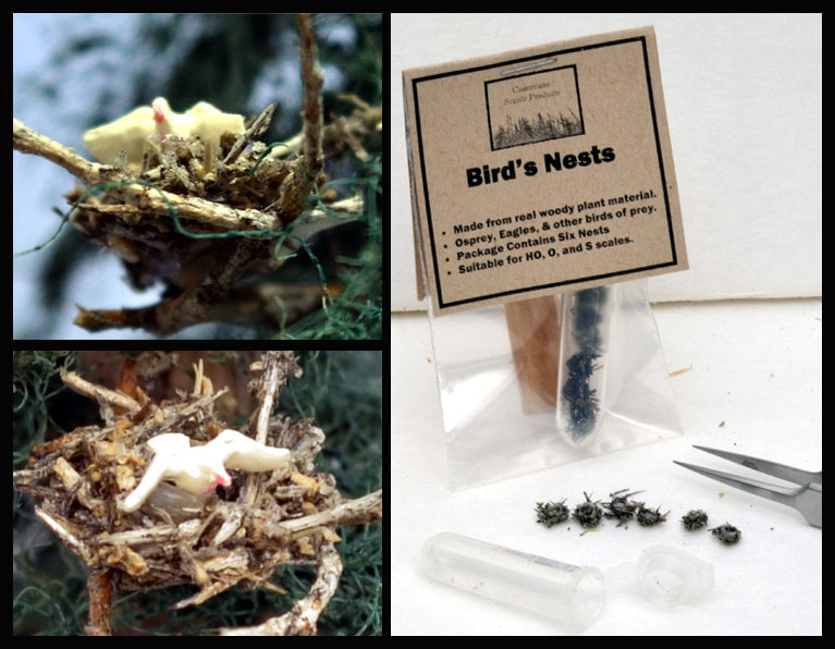 Collage of HO scale tiny bird's nests with a package labeled 'Bird's Nests' on a white background with tweezers showing items in HO scale 1:87.