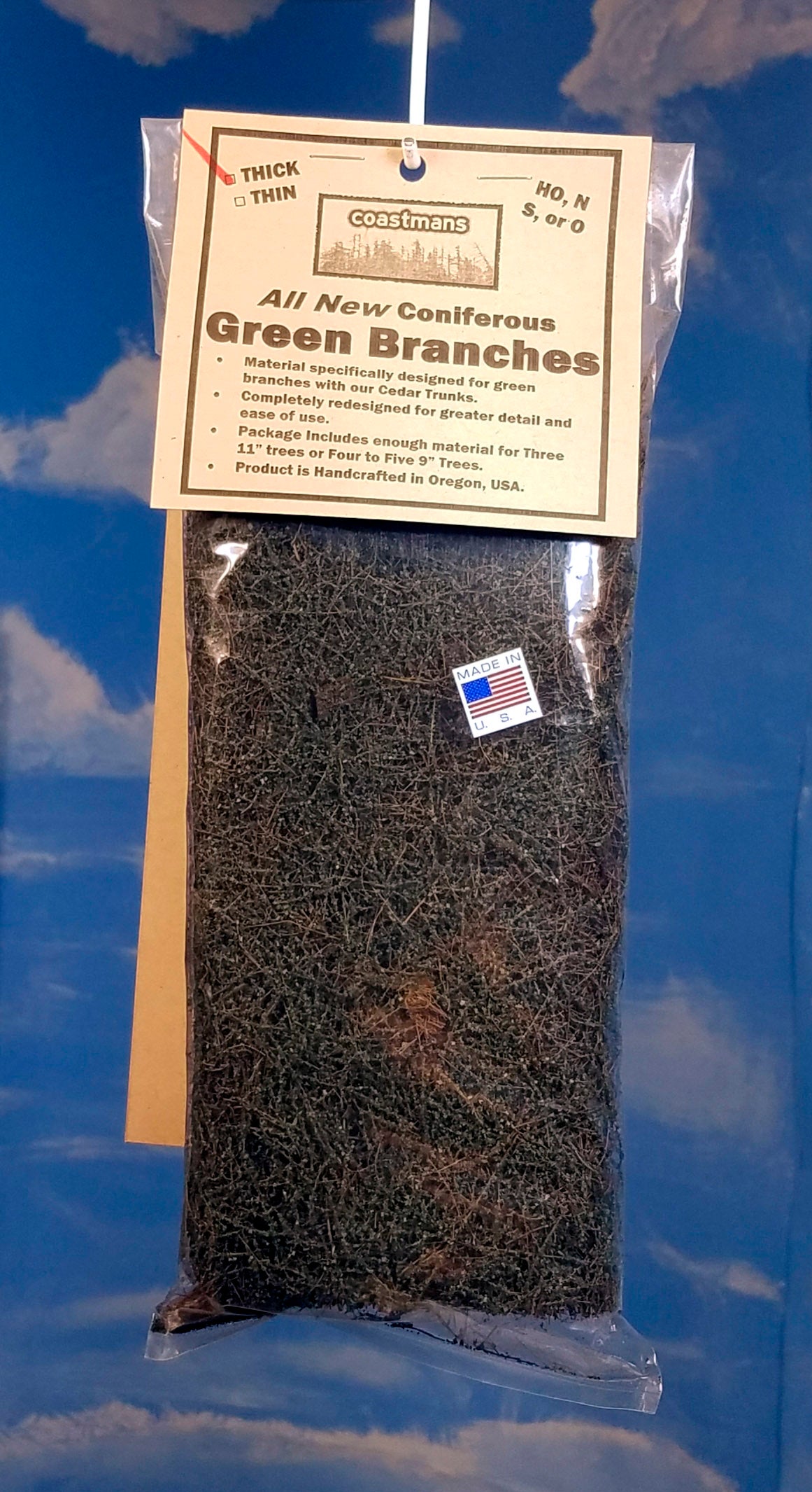 Packaged green branches for making model fir trees with Coastman's fir tree trunks or your own.