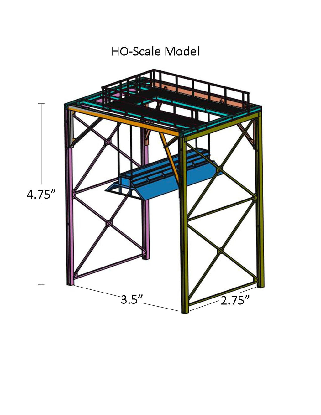 Schematic of HO scale Wood Chip Loader showing measurements of structure as built for use in layout planning.