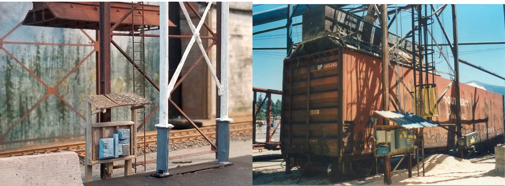 Side-by-side comparison of Coastman's HO Scale Wood Chip Loader with photograph of prototype wood chip loader photograph of unknown source.