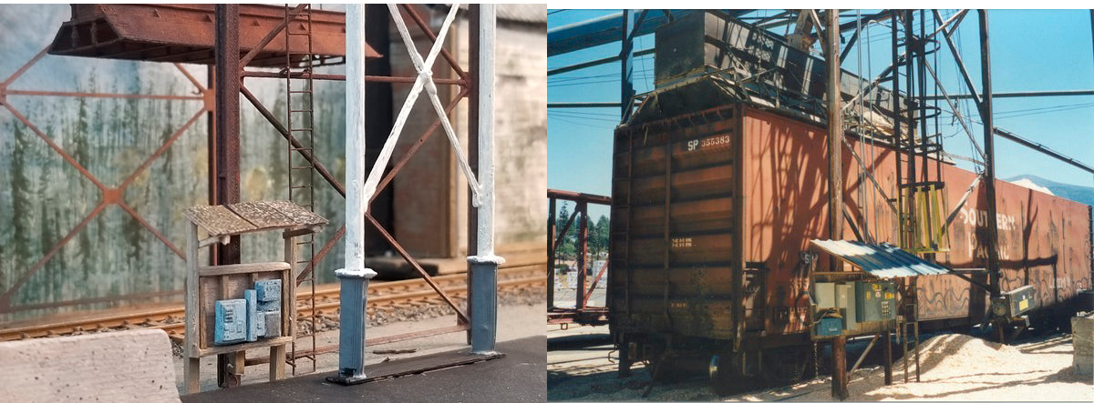 Side-by-side comparison of Coastman's HO Scale Wood Chip Loader with photograph of prototype wood chip loader photograph of unknown source.