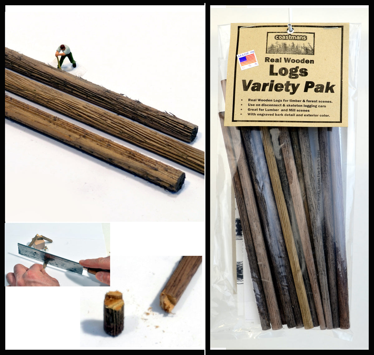 Logs Variety Pak Package collage showing examples of logs contained in the package with HO scale figures and logs cut with a razor saw.