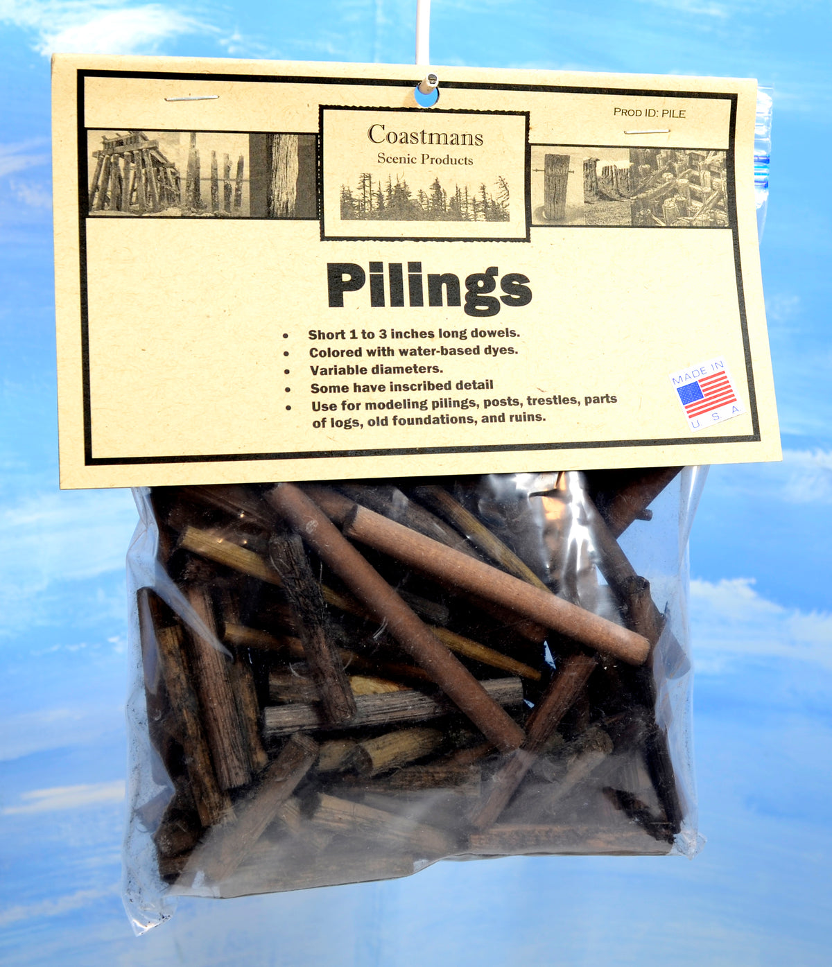 Bag of Coastman's Scenery Products Pilings with label on a blue sky background