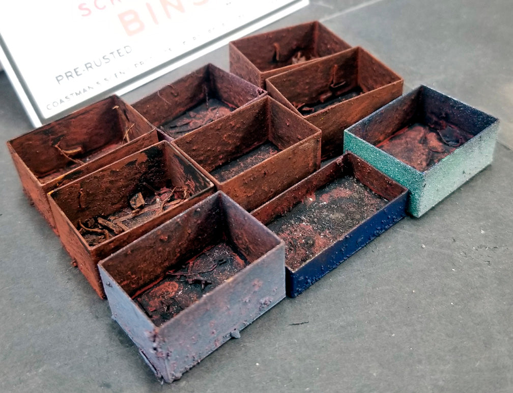 Rusty and painted scrap metal bins made for HO scale 1:87 model railroads produced by Coastmans Oregon USA