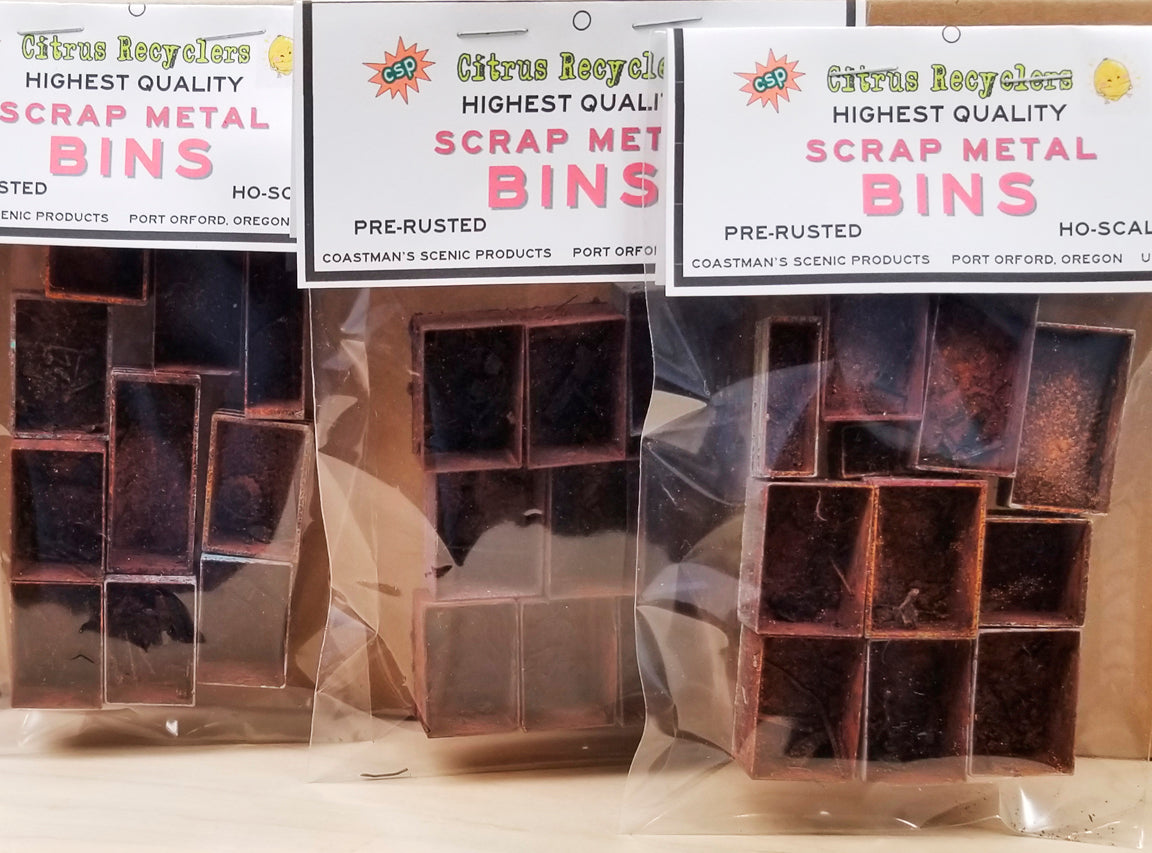 Rust-colored scrap metal bins for HO scale 1:87 in original packaging made in USA by Coastmans Scenic Products Port Orford Oregon USA