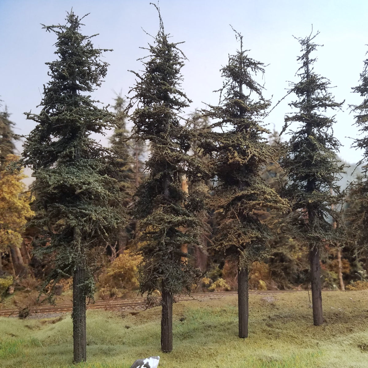 Model fir trees 9 inches tall on a scale model railroad layout featuring exclusive green branches foliage on port orford cedar tapered trunks.