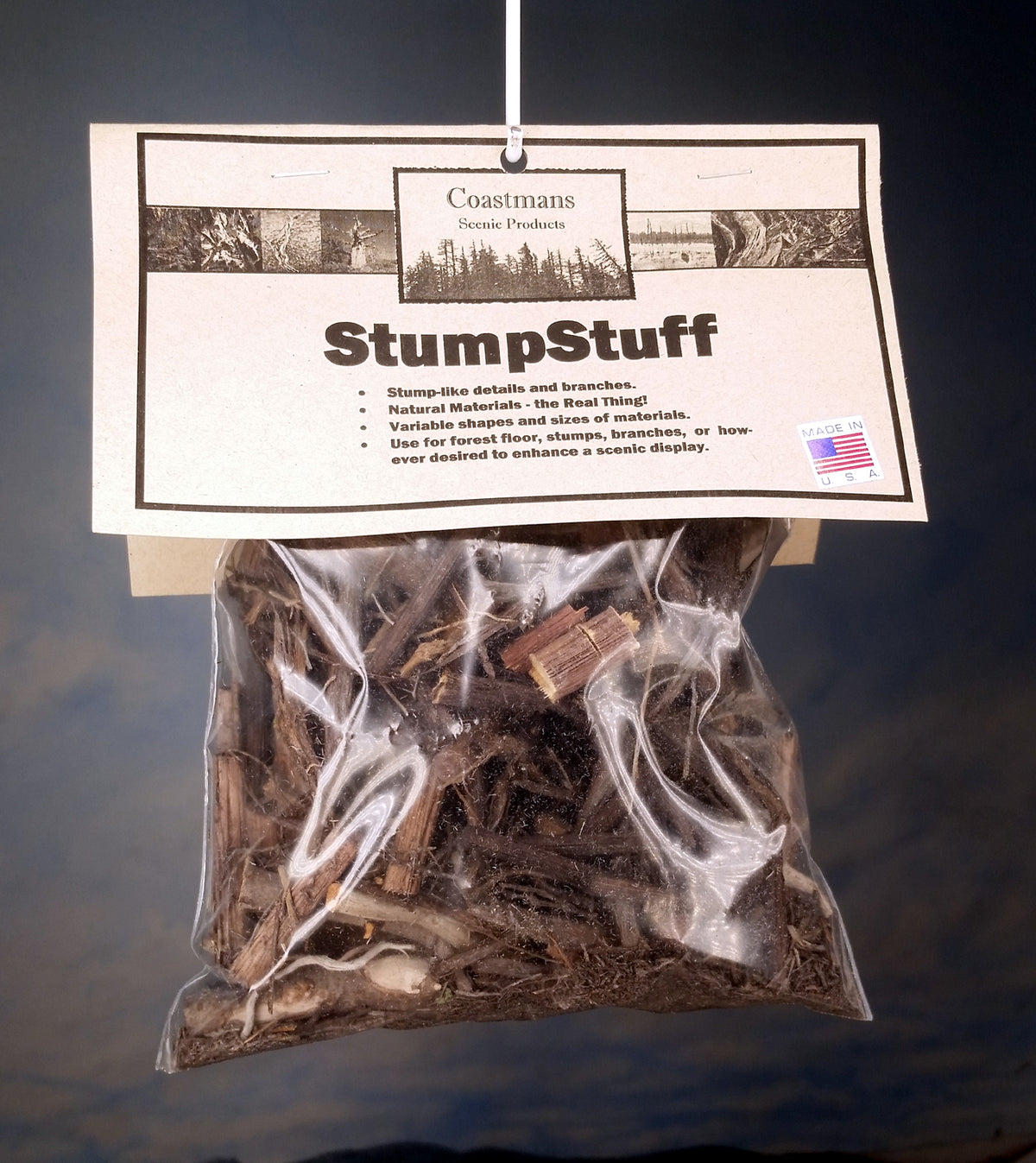 Hanging bag of StumpStuff product made by Coastman's Scenic Products, Port Orford, Oregon 97465