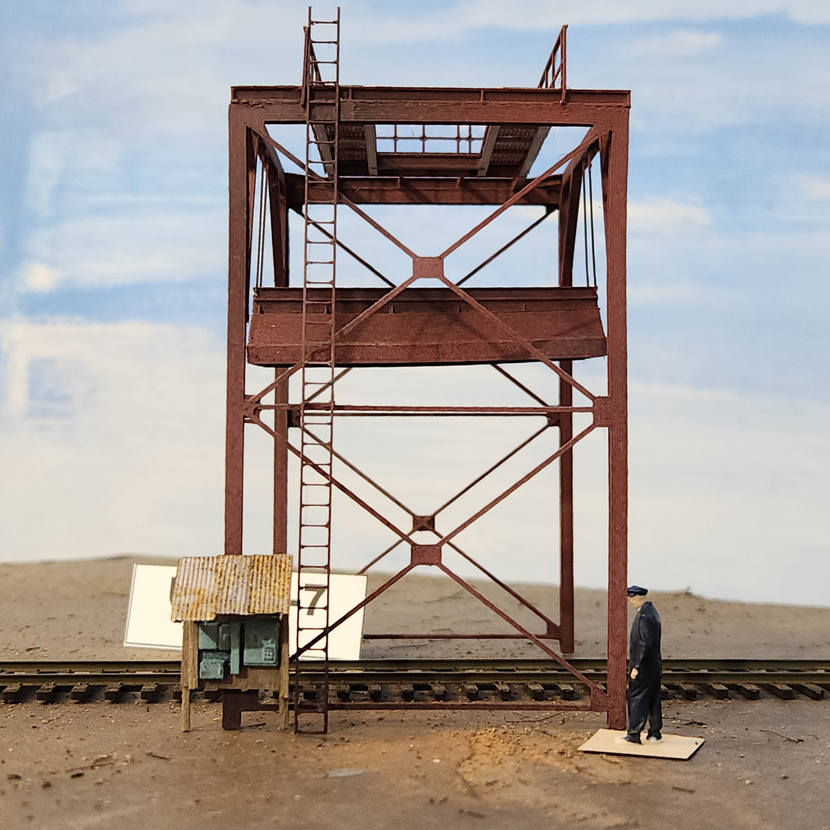HO scale wood chip loader model unit A-7 side view with HO track and figure for size reference by Coastman's.