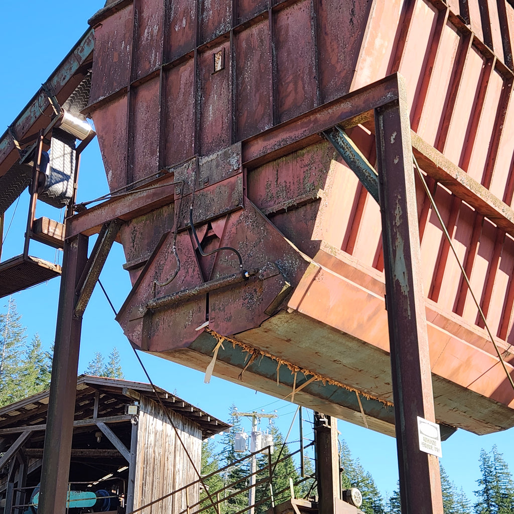 Prototype 1:1 wood chip storage bin opening hinged hydraulic doors chute model building by Roger Rasmussen, Coastman's Scenic Products, CSP LLC Port Orford, Oregon USA