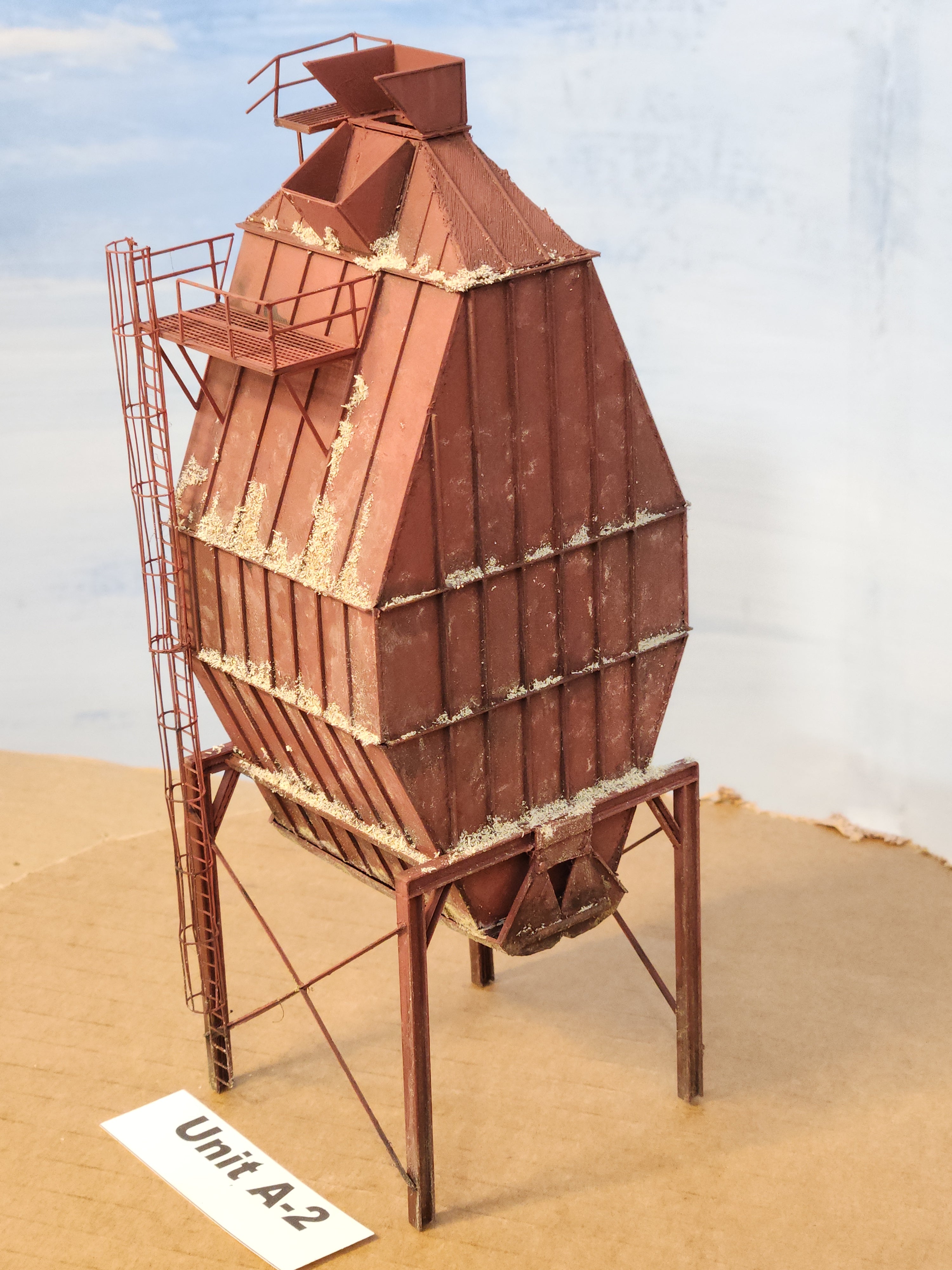 Image 10 aerial of 1:87 scale model wood chip storage bin, Unit A-2, model building by Roger Rasmussen, Coastman's Scenic Products, CSP LLC Port Orford, Oregon USA