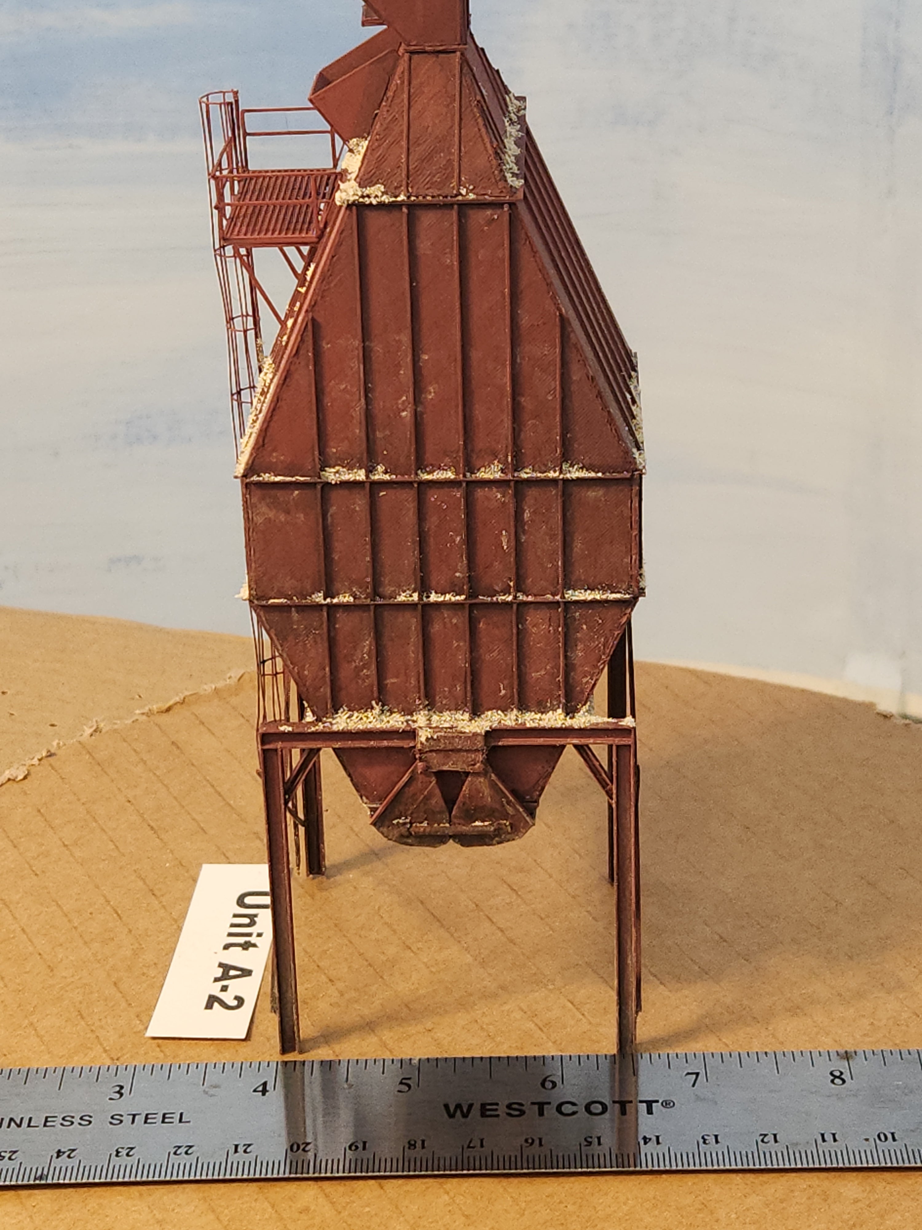 Image 11 aerial of 1:87 scale model wood chip storage bin, Unit A-2, model building by Roger Rasmussen, Coastman's Scenic Products, CSP LLC Port Orford, Oregon USA