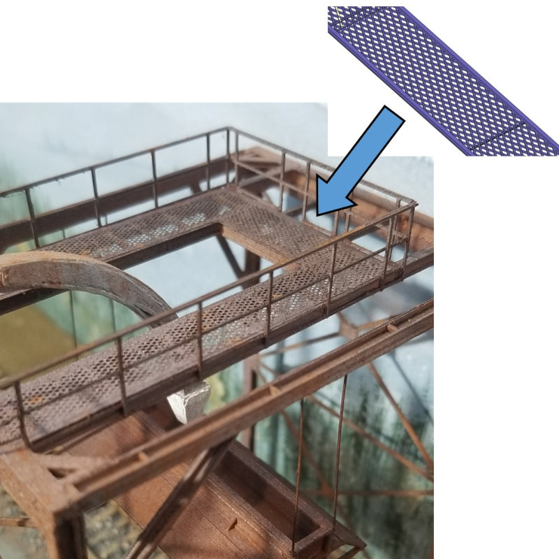 Minute detail inherent with the walkway grating material which is a part of the HO scale Wood Chip Loader model kit manufactured by Coastman's Scenic Products.