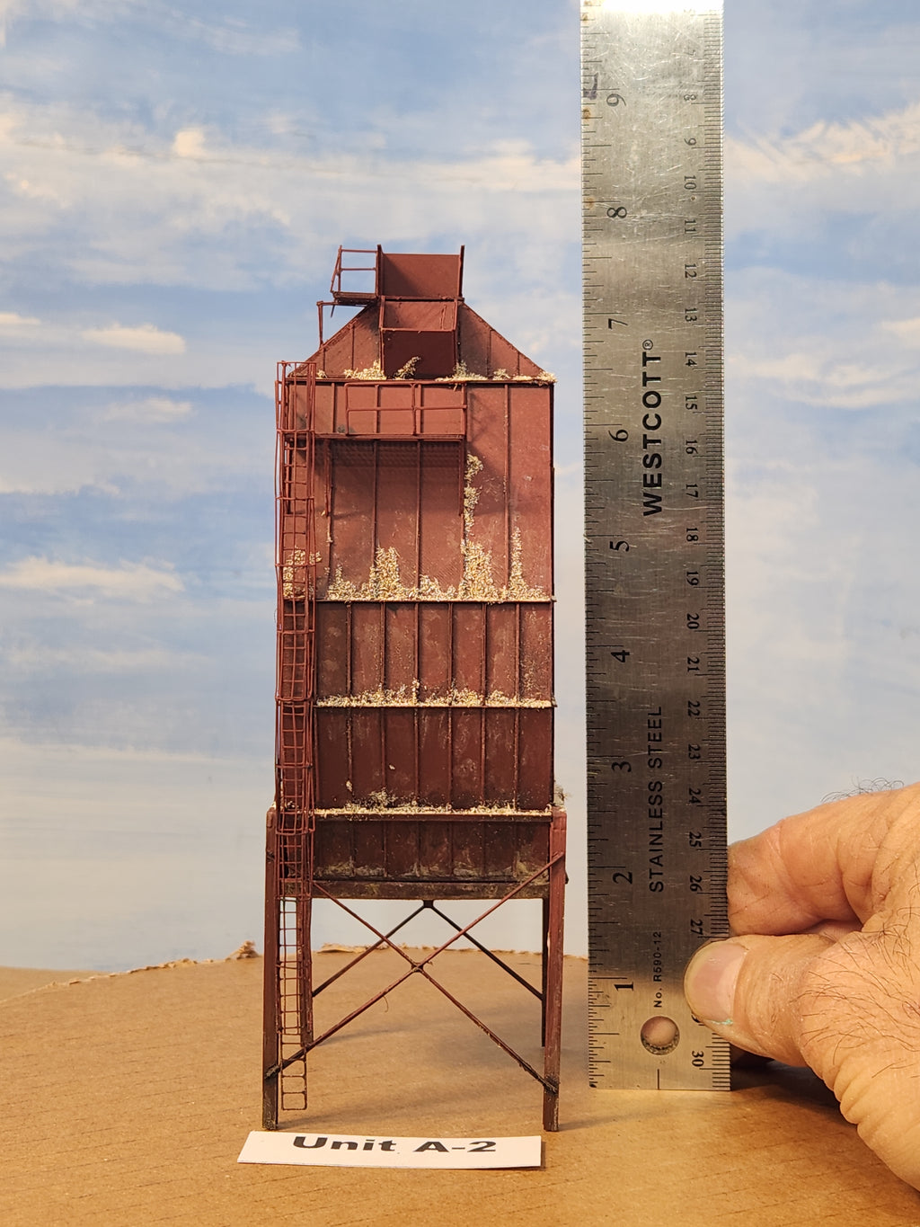 1:87 scale model wood chip storage bin conveyor side 7.5 inches tall unit A-2, model building by Roger Rasmussen, Coastman's Scenic Products, CSP LLC Port Orford, Oregon USA