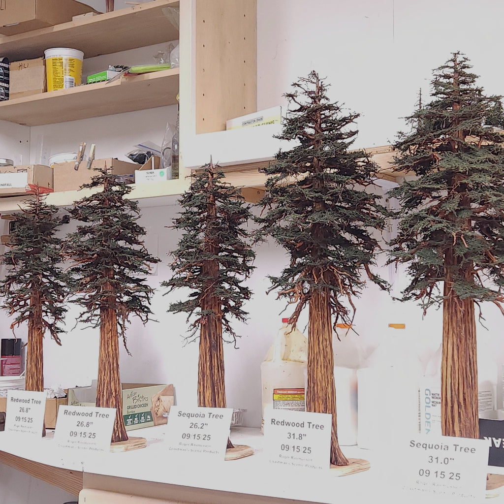 Display of several hand-made model Redwood and Sequoia sculpted trees at the factory of Coastman's Scenic Products, Oregon USA 09/15/25