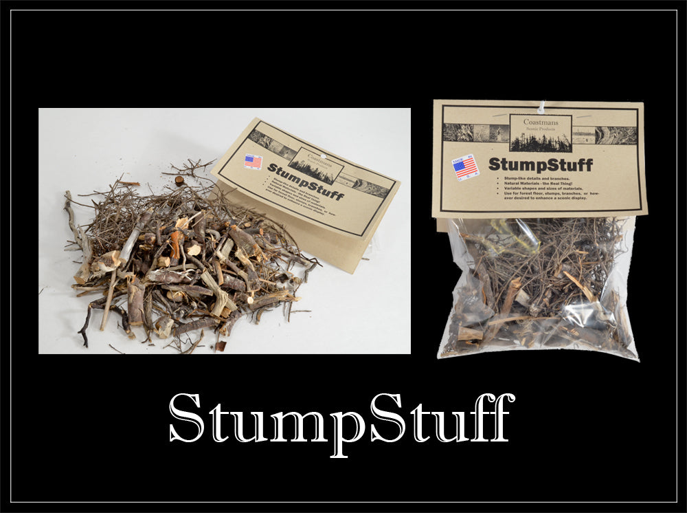 Packages of StumpStuff one open and spread out, showing detail of scenic material inside