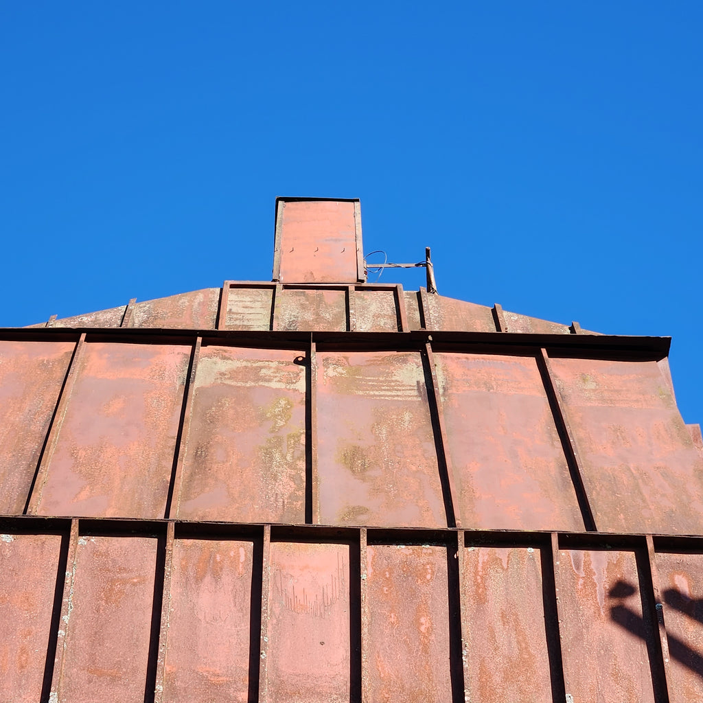 Prototype 1:1 wood chip storage bin steel paneling also built as a 1:87 model by Roger Rasmussen, Coastman's Scenic Products, CSP LLC Port Orford, Oregon USA