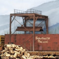 HO scale wood chip loader with a 1970's Southern Pacific Wood Chip Gondola underneath the loading bonnet and a flatcar and pile of firewood in the foregroundl
